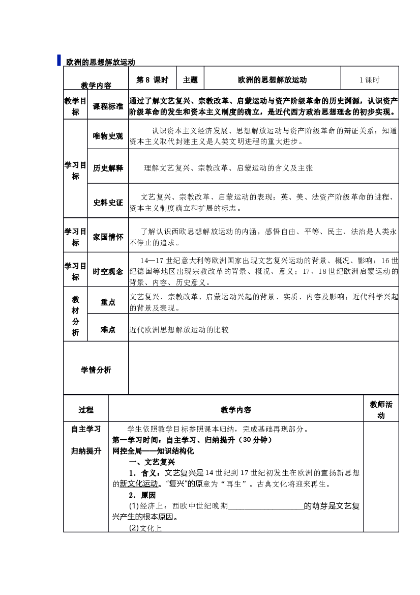 高中历史学案：欧洲的思想解放运动.docx 第1页