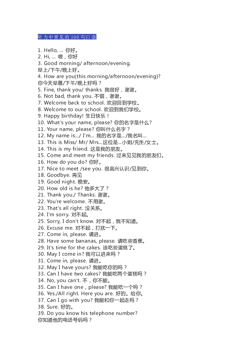 小学英语听力中常见的100句口语.docx 第1页
