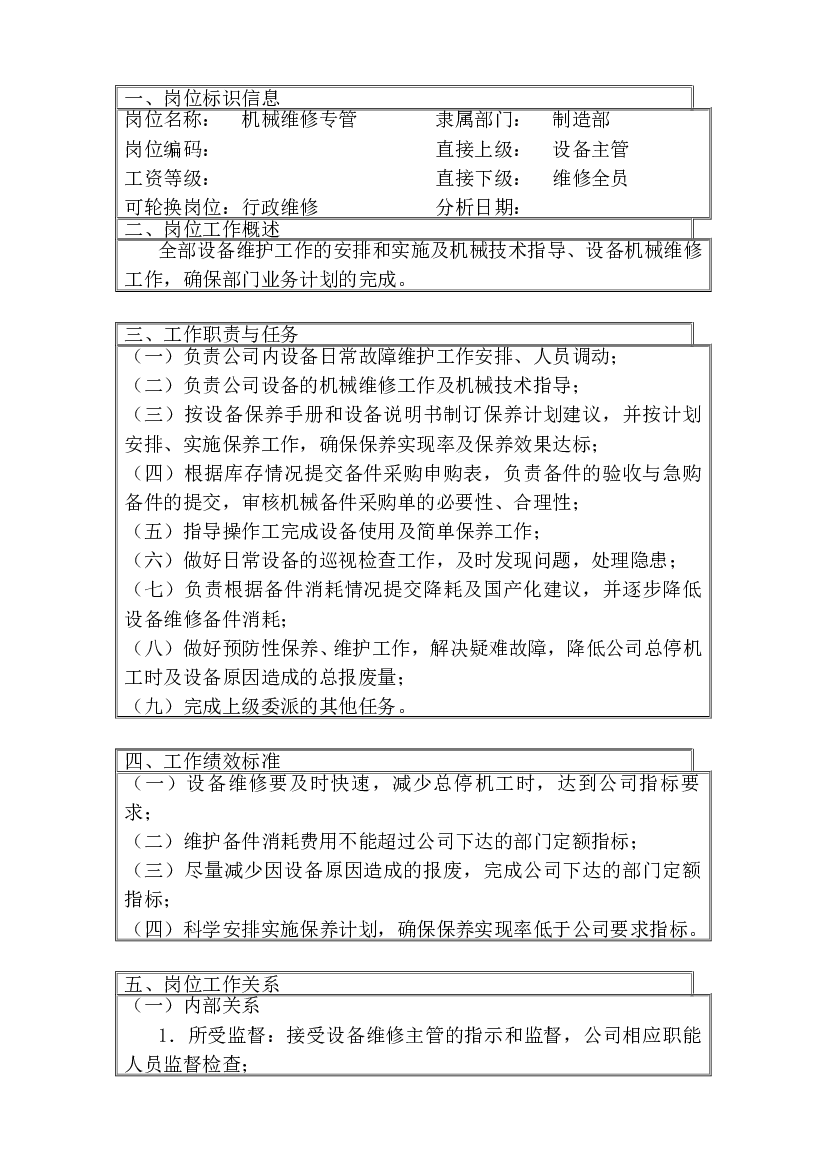 &times;&times;有限公司机械维修主管工作说明书.doc 第1页
