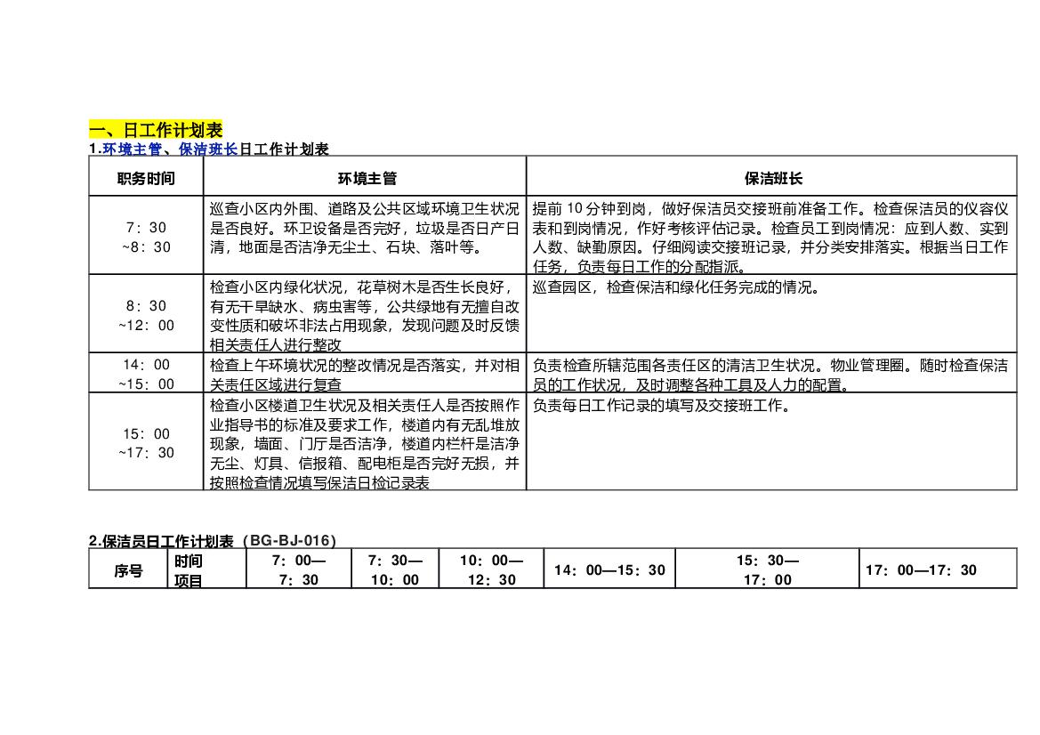 物业环境主管和保洁班长日周月、保洁员日工作计划表.docx 第1页
